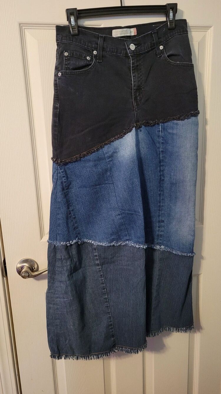 The Morgan Factory Reworked Vintage Levi's 550 Patchwork Denim Maxi Skirt Size 8